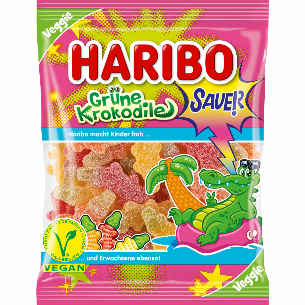 Haribo Green Crocodiles Sour, Fruit Gum, in Bag, 175 g