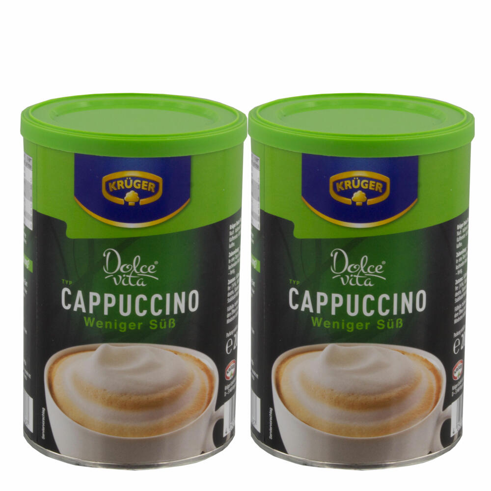 Krüger Dolce Vita Cappuccino, Weniger Süß, Milchkaffee, Milch Kaffee aus löslichem Bohnenkaffee, 2 x 200 g