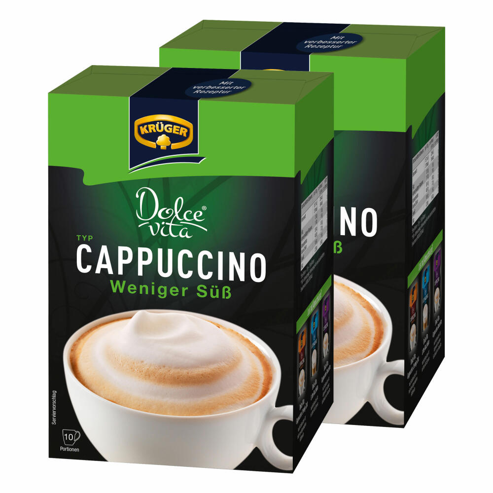 Krüger Dolce Vita Cappuccino, Less Sweet, Milk Coffee, Milk Coffee from Instant Bean Coffee, 20 Portion Bags