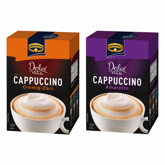 Krüger Dolce Vita Cappuccino Set with 2 varieties, Creamy-Soft and Amaretto, Milk Coffee made from instant bean coffee, 20 portion bags, 400 g