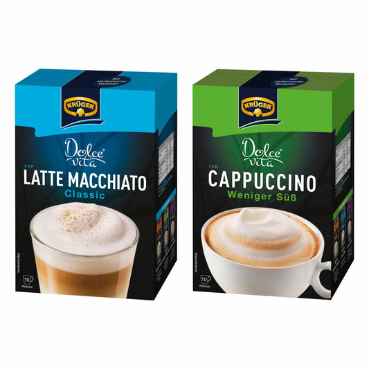 Krüger Dolce Vita Cappuccino and Latte Macchiato Set, with 2 varieties, Classic and Less Sweet, milk coffee made from instant bean coffee, 20 portion bags, 429 g