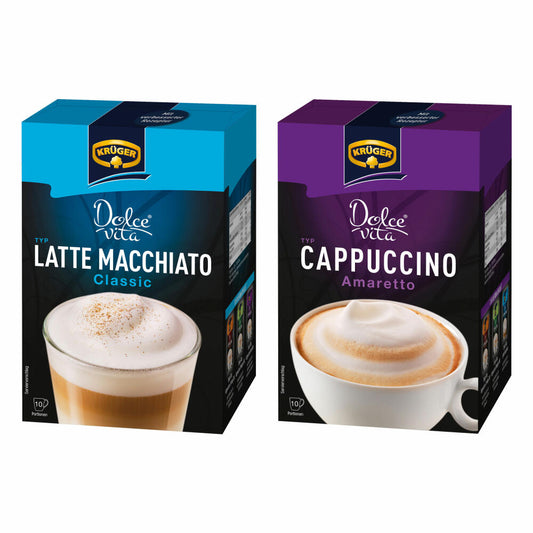 Krüger Dolce Vita Cappuccino and Latte Macchiato Set, with 2 varieties, Classic and Amaretto, milk coffee made from soluble bean coffee, 20 portion bags, 429 g