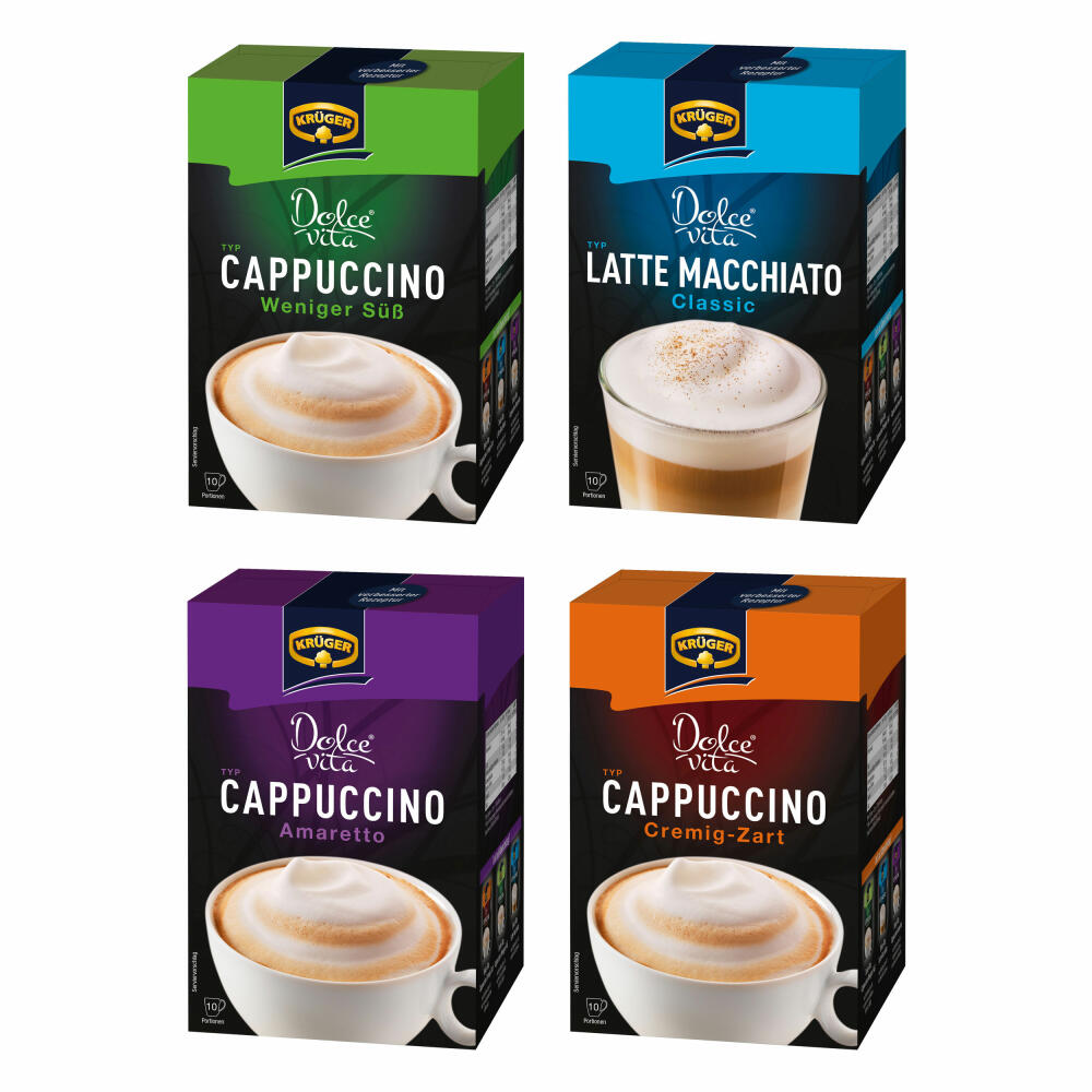 Krüger Dolce Vita Cappuccino and Latte Macchiato Set, with 4 varieties, Amaretto, Classic, Creamy-Soft, Less Sweet, Milk Coffee from soluble bean coffee, 40 portion bags, 829 g