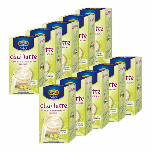 Krüger Chai Latte Fresh India, ginger-lemongrass, mild milk tea drink, 10-pack, 10 x 10 portion bags