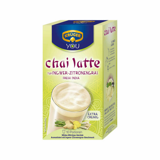 Krüger Chai Latte Fresh India, ginger-lemongrass, mild milk tea drink, 8 x 10 portion bags