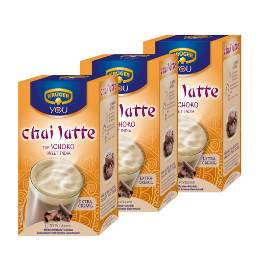 Krüger Chai Latte Sweet India, chocolate, mild milk tea drink, pack of 3, 3 x 10 portion bags