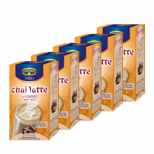 Krüger Chai Latte Sweet India, chocolate, mild milk tea drink, pack of 5, 5 x 10 portion bags