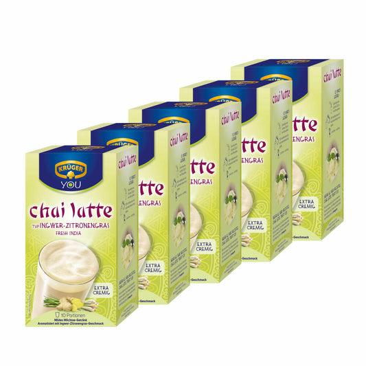 Krüger Chai Latte Fresh India, ginger-lemongrass, mild milk tea drink, pack of 5, 5 x 10 portion bags