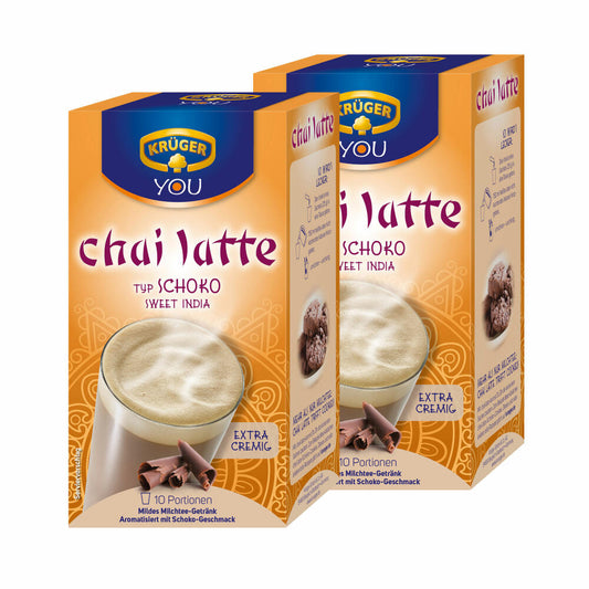 Krüger Chai Latte Sweet India, chocolate, mild milk tea drink, pack of 2, 2 x 10 portion bags