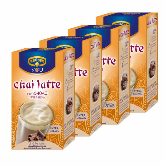 Krüger Chai Latte Sweet India, chocolate, mild milk tea drink, pack of 4, 4 x 10 portion bags