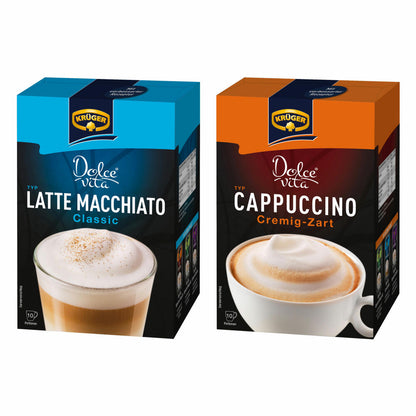 Krüger Dolce Vita Cappuccino und Latte Macchiato Set, mit 2 Sorten, Classic und Cremig-Zart, Milch Kaffee aus löslichem Bohnenkaffee, 20 Portionsbeutel, 429 g