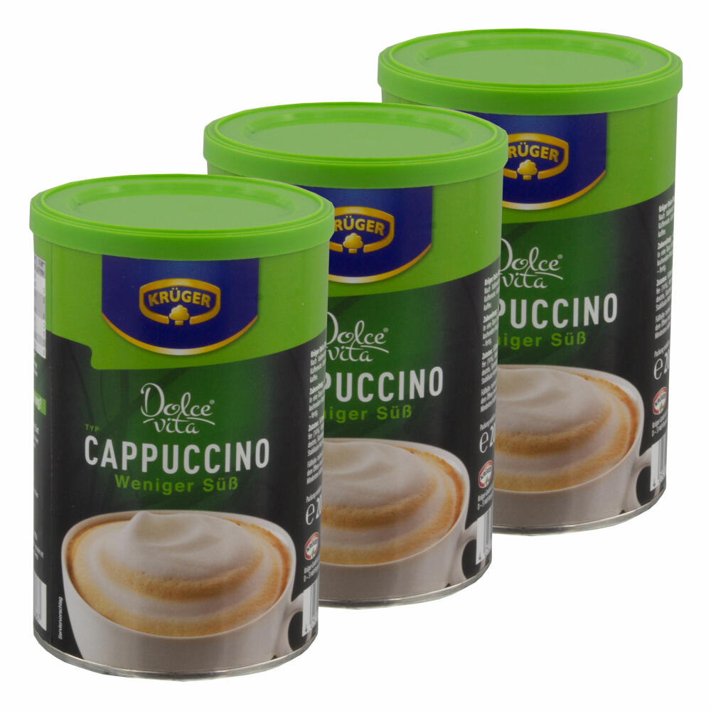 Krüger Dolce Vita Cappuccino, Weniger Süß, Milchkaffee, Milch Kaffee aus löslichem Bohnenkaffee, 3 x 200 g