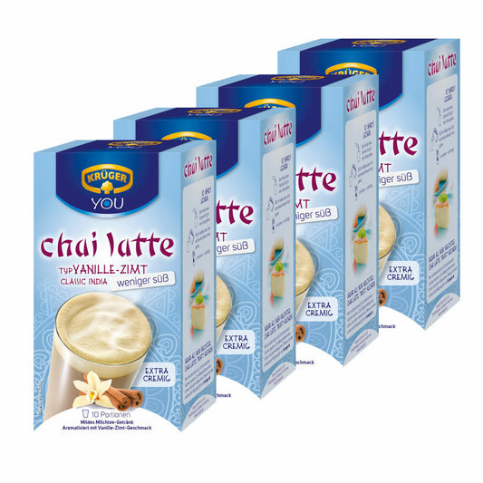 Krüger Chai Latte Classic India less sweet, vanilla-cinnamon, mild milk tea drink, pack of 4, 4 x 10 portion bags