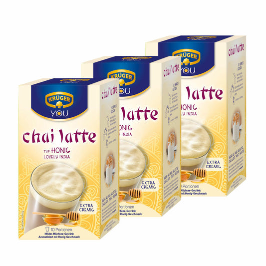 Krüger Chai Latte Lovely India, honey flavor, mild milk tea drink, pack of 3, 3 x 10 portion bags