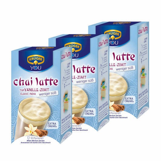 Krüger Chai Latte Classic India less sweet, vanilla-cinnamon, mild milk tea drink, pack of 3, 3 x 10 portion bags