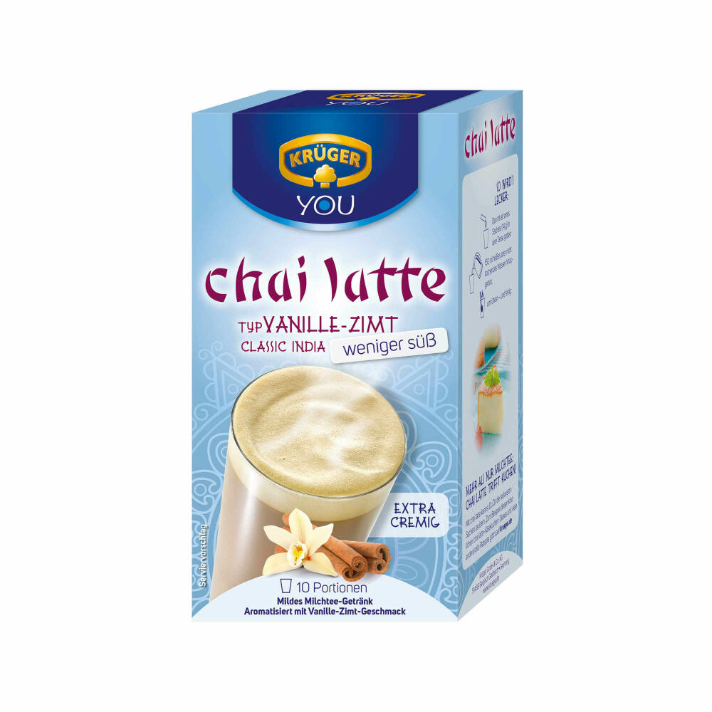 Krüger Chai Latte Classic India weniger süß, Vanille-Zimt, mildes Milchtee Getränk, 8 x 10 Portionsbeutel