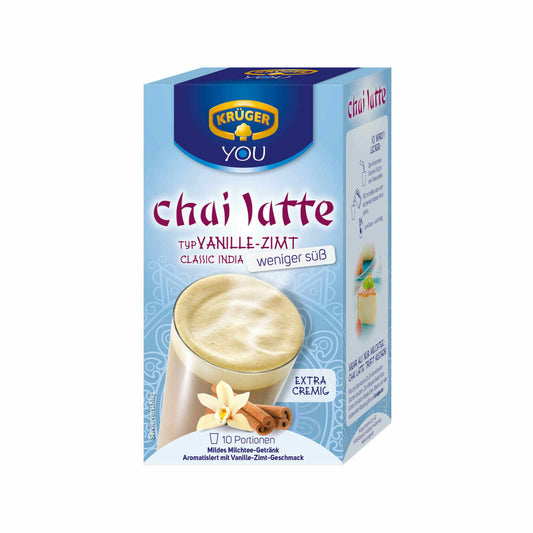 Krüger Chai Latte Classic India less sweet, vanilla-cinnamon, mild milk tea drink, 8 x 10 portion bags