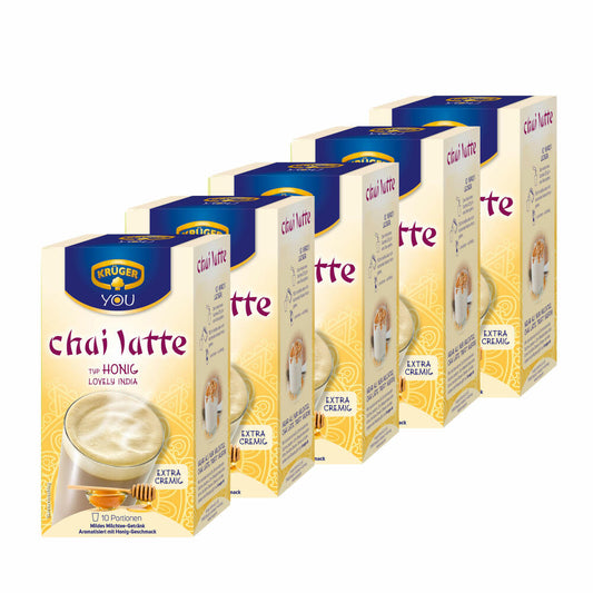 Krüger Chai Latte Lovely India, honey flavor, mild milk tea drink, pack of 5, 5 x 10 portion bags