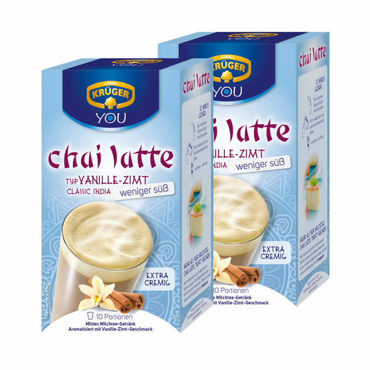 Krüger Chai Latte Classic India less sweet, vanilla-cinnamon, mild milk tea drink, 2-pack, 2 x 10 portion bags