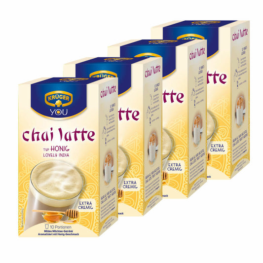 Krüger Chai Latte Lovely India, honey flavor, mild milk tea drink, pack of 4, 4 x 10 portion bags