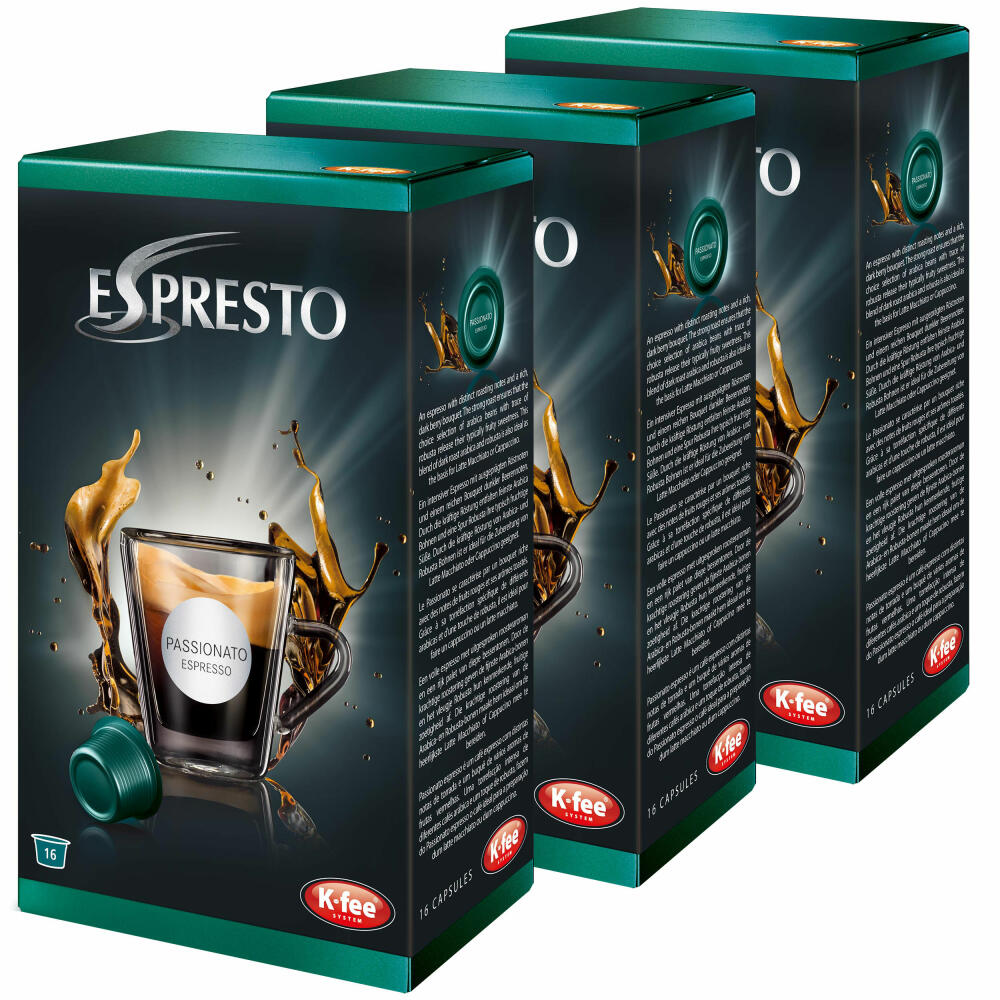 K-Fee Espresto Espresso Passionato, Kaffee, Arabica, Intensität 7, 3er Pack, 3 x 16 Kapseln