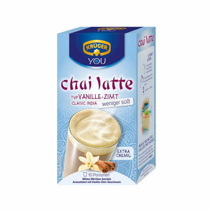 Krüger Chai Latte Classic India weniger süß, Vanille-Zimt, mildes Milchtee Getränk, 10 Portionsbeutel