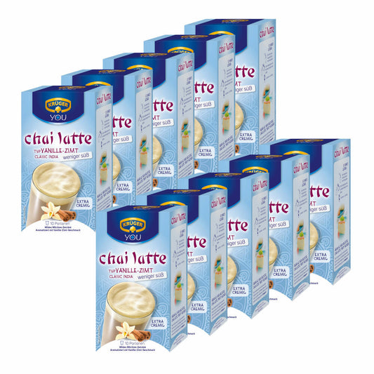 Krüger Chai Latte Classic India less sweet, vanilla-cinnamon, mild milk tea drink, 10-pack, 10 x 10 portion bags