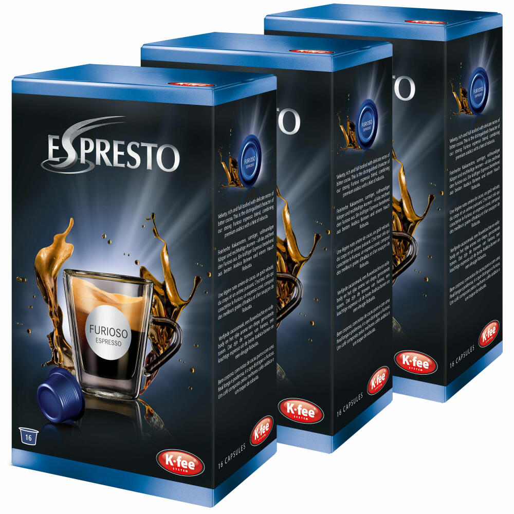 K-Fee Espresto Espresso Furioso, Kaffee, Arabica, Intensität 8, 3er Pack, 3 x 16 Kapseln