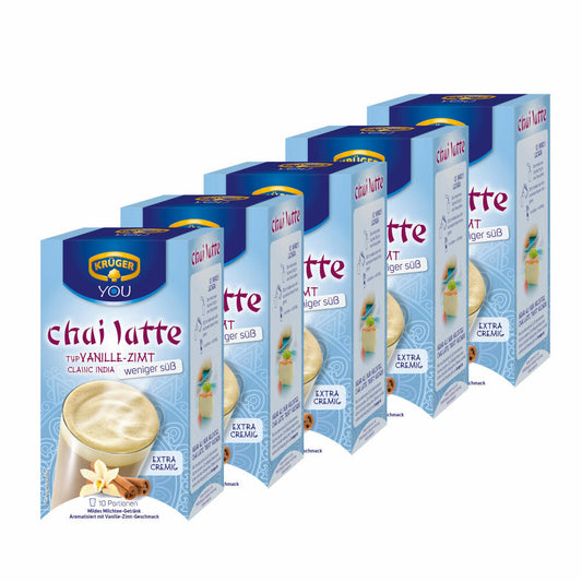 Krüger Chai Latte Classic India less sweet, vanilla-cinnamon, mild milk tea drink, pack of 5, 5 x 10 portion bags