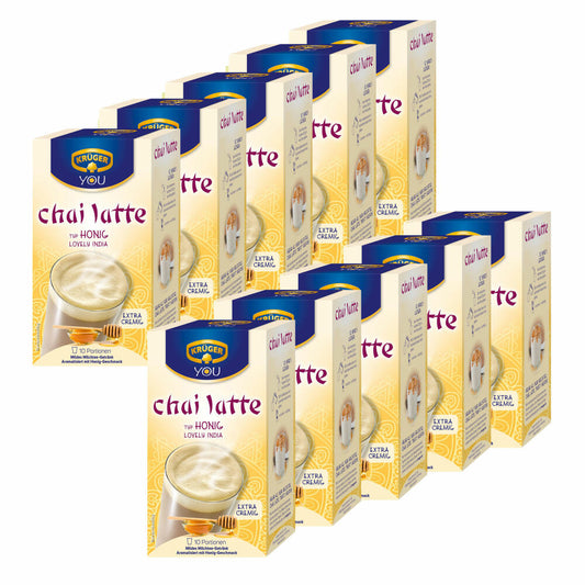 Krüger Chai Latte Lovely India, honey flavor, mild milk tea drink, 10 pack, 10 x 10 portion bags