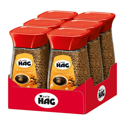 Cafè Hag Klassisch Mild, 6er Pack, Vollmundiges Aroma, Entkoffeiniert, Instant-Kaffee, 100g