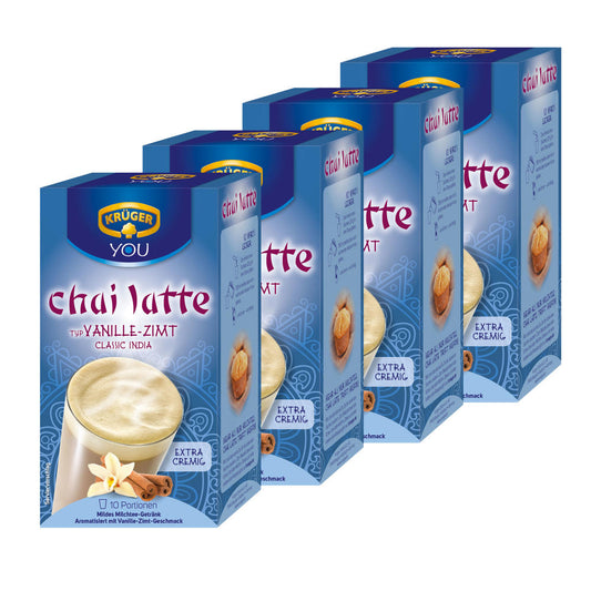 Krüger Chai Latte Classic India, vanilla-cinnamon, mild milk tea drink, pack of 4, 4 x 10 portion bags