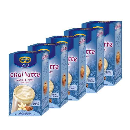 Krüger Chai Latte Classic India, vanilla-cinnamon, mild milk tea drink, pack of 5, 5 x 10 portion bags