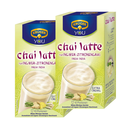 Krüger Chai Latte Fresh India, ginger-lemongrass, mild milk tea drink, pack of 2, 2 x 10 portion bags