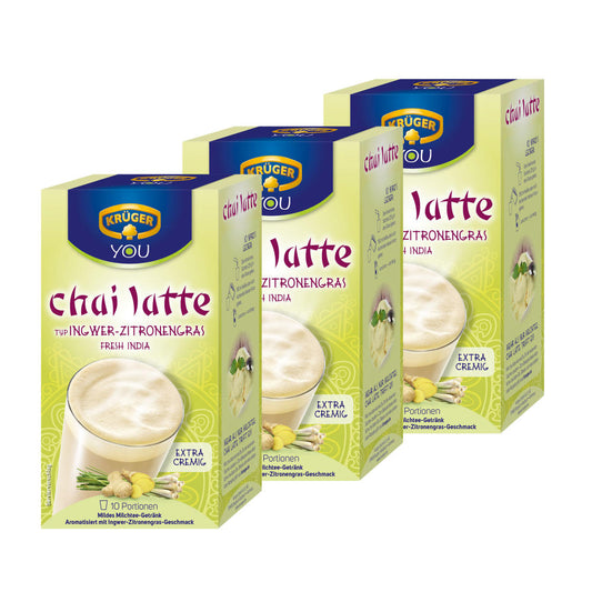 Krüger Chai Latte Fresh India, ginger-lemongrass, mild milk tea drink, pack of 3, 3 x 10 portion bags