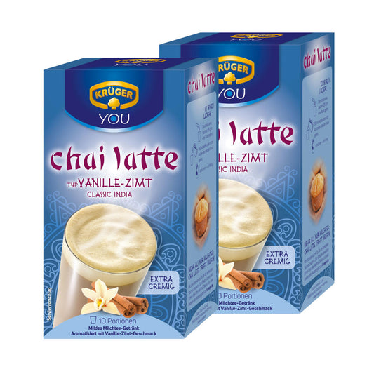 Krüger Chai Latte Classic India, vanilla-cinnamon, mild milk tea drink, pack of 2, 2 x 10 portion bags