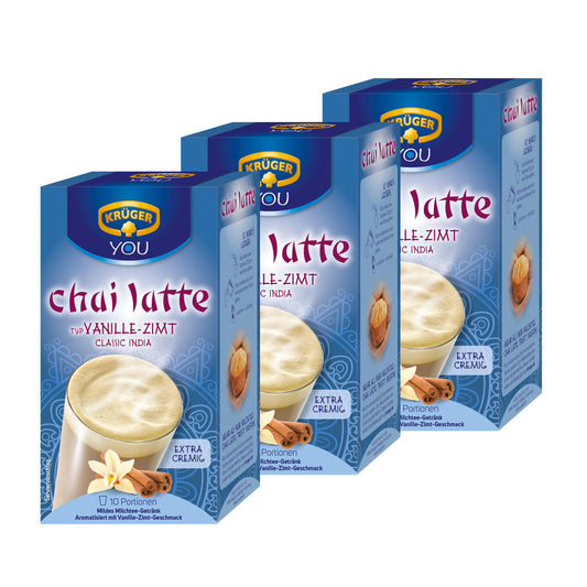 Krüger Chai Latte Classic India, vanilla-cinnamon, mild milk tea drink, pack of 3, 3 x 10 portion bags